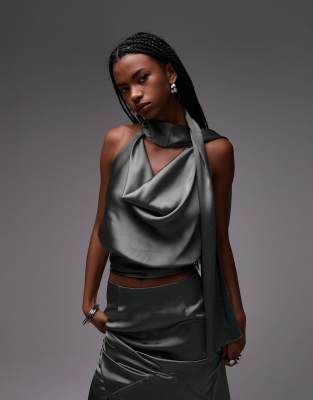 Top d'ensemble en satin avec foulard drapé - Kaki-Vert 44