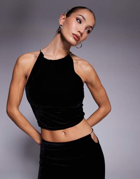 ASOS DESIGN - Top d'ensemble en velours avec encolure américaine et bordure à strass - Noir - view 1