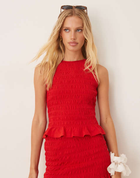 ASOS DESIGN - Top d'ensemble froncé avec ourlet à volants - Rouge - view 1