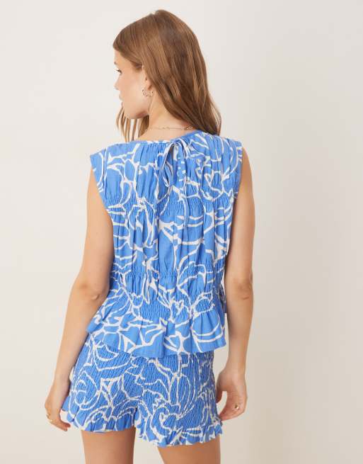 ASOS DESIGN - Top d'ensemble froncé en lin mélangé à imprimé abstrait - Bleu, 3 de 4