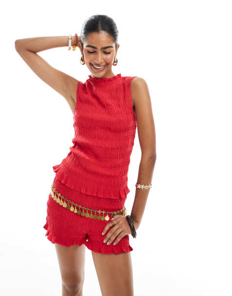 ASOS DESIGN - Top d'ensemble froncé sans manches - Rouge - view 1