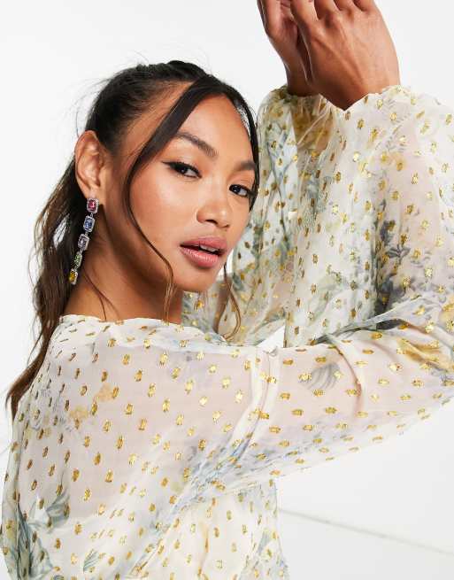ASOS DESIGN - Top d'ensemble imprimé avec manches blousantes et liens noués à la taille en mousseline texturée, 3 de 4