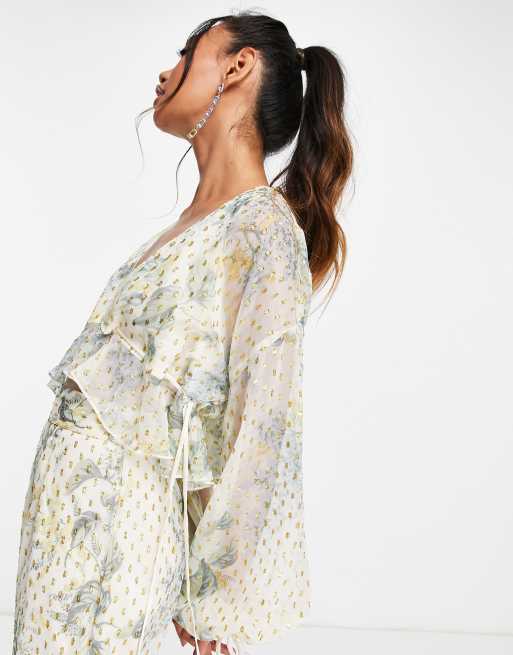 ASOS DESIGN - Top d'ensemble imprimé avec manches blousantes et liens noués à la taille en mousseline texturée, 4 de 4