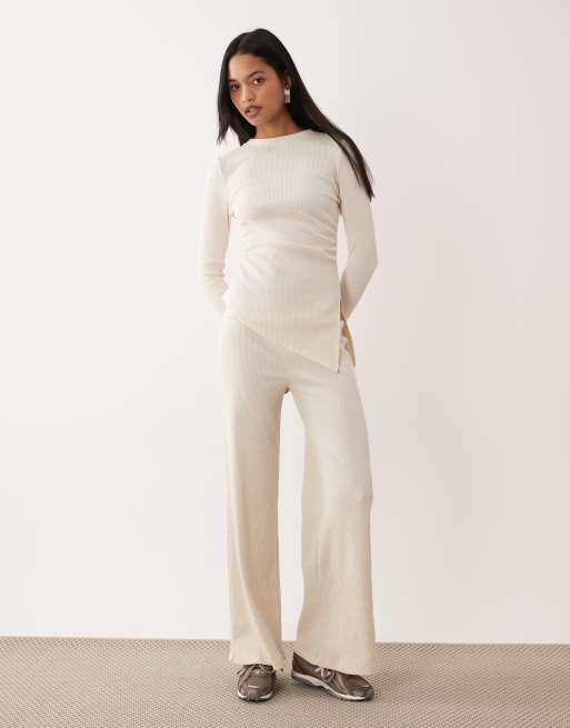 ASOS DESIGN - Top d'ensemble nervuré à taille cintrée et manches longues - Crème, 2 de 4