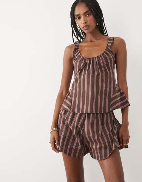 ASOS DESIGN - Top d'ensemble rayé à bretelles et taille à godets - Marron - view 1