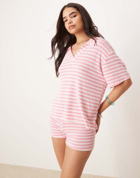 ASOS DESIGN - Top d'ensemble rayé en maille à manches courtes et col style rugby - Rose et blanc - view 1