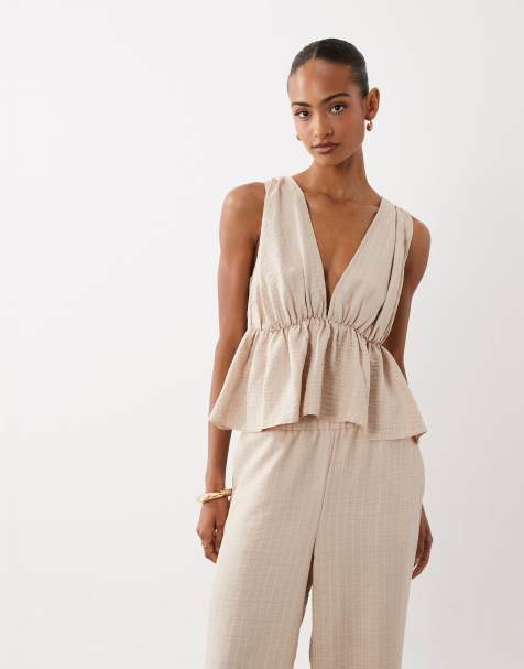 ASOS DESIGN - Top d'ensemble sans manches en lin rayé avec col V et basque - Neutre - view 1