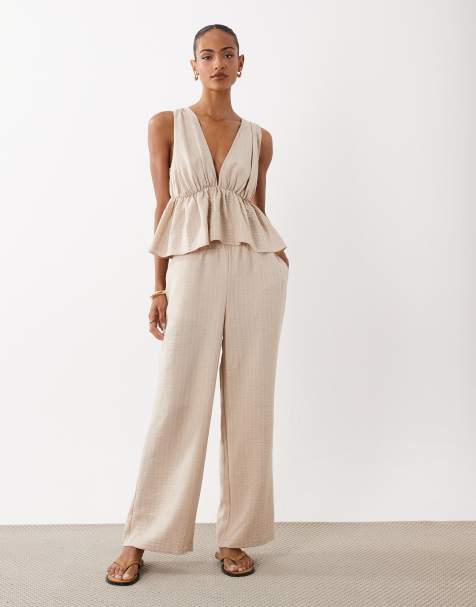 ASOS DESIGN - Top d'ensemble sans manches en lin rayé avec col V et basque - Neutre - view 1
