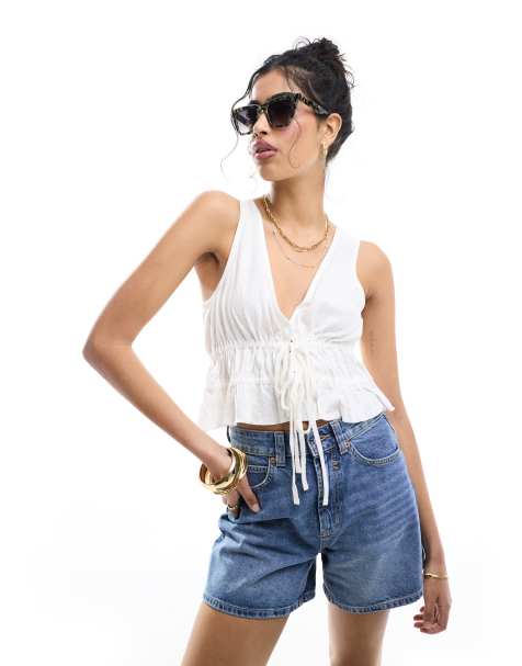 ASOS DESIGN - Top d'été noué sur le devant effet lin - Crème - view 1