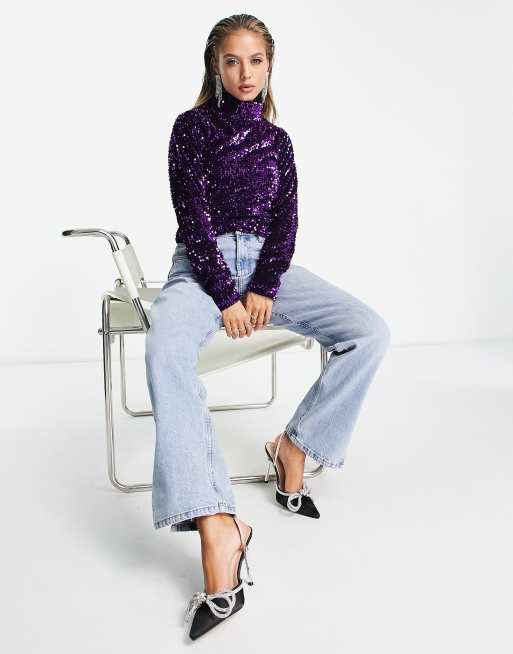 ASOS DESIGN - Top dolcevita a maniche lunghe in paillettes viola, 2 di 4