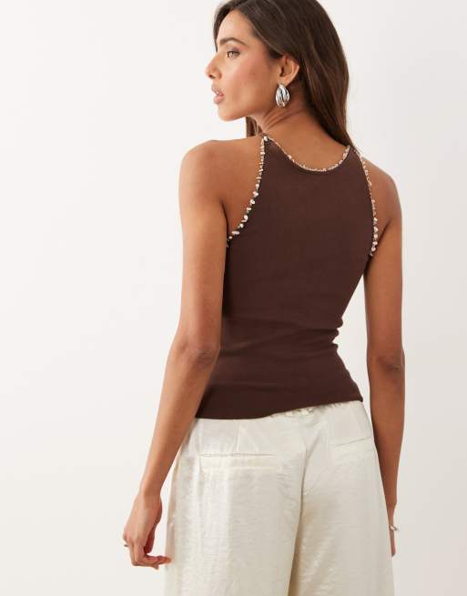 ASOS DESIGN - Top dos nageur en coton compact orné de perles - Chocolat, 3 de 4