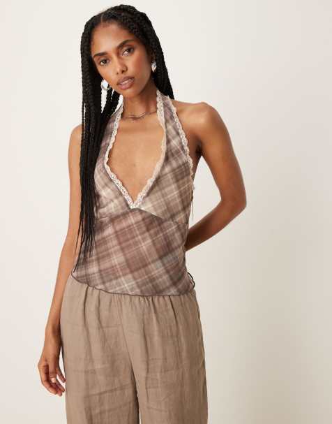 ASOS DESIGN - Top dos nu à décolleté plongeant en tulle à carreaux avec bordures en dentelle - Marron - view 1