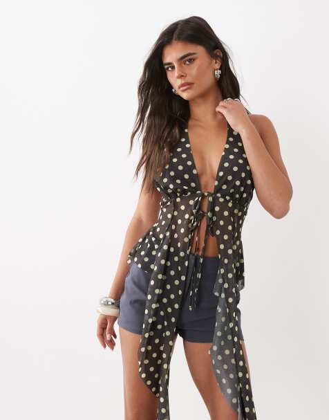 ASOS DESIGN - Top dos nu asymétrique à pois avec fente - Marron - view 1