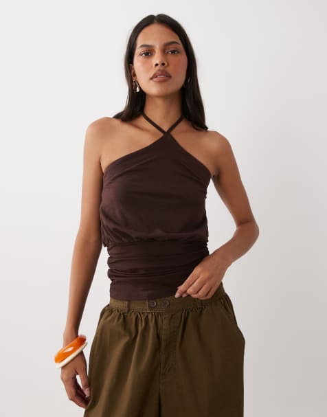 ASOS DESIGN - Top dos nu bouffant avec ourlet ajusté et col en V - Chocolat - view 1