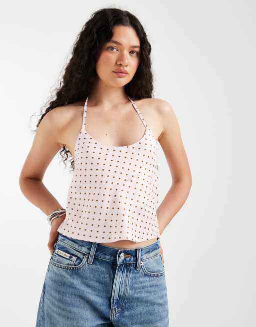 ASOS DESIGN - Top dos nu d'ensemble en satin à encolure dégagée - Rose à pois, 4 de 4