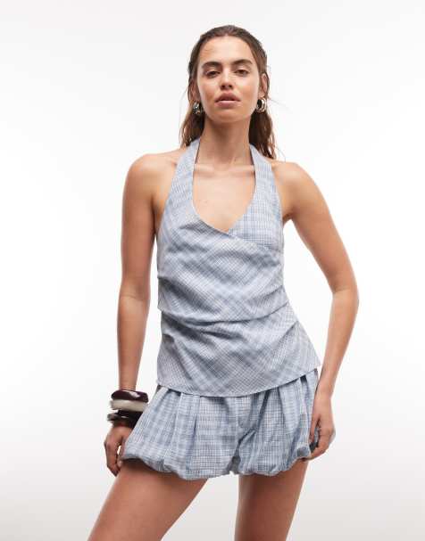 ASOS DESIGN - Top dos nu drapé à carreaux - Bleu - view 1