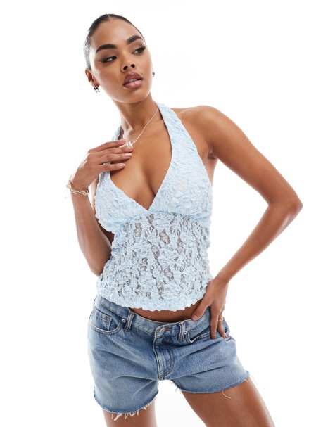 ASOS DESIGN - Top dos nu en dentelle texturée - Bleu pastel - view 1