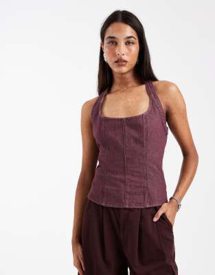 Top dos nu en jean à encolure dégagée et coutures apparentes - Prune-Rouge 36