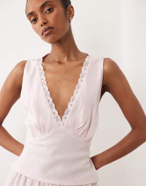 ASOS DESIGN - Top dos nu en lin mélangé avec bordures en dentelle - Rose  - view 1