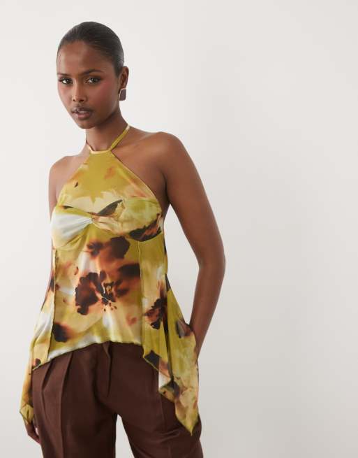 ASOS DESIGN - Top dos nu fluide en tulle imprimé fleuri avec ourlet asymétrique - Vert, 4 de 4