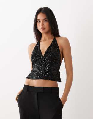 ASOS DESIGN - Top dos nu orné de sequins avec liens noués autour du cou - Noir