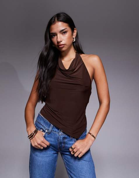 ASOS DESIGN - Top dos nu près du corps à col bénitier et ourlet asymétrique - Chocolat - view 1