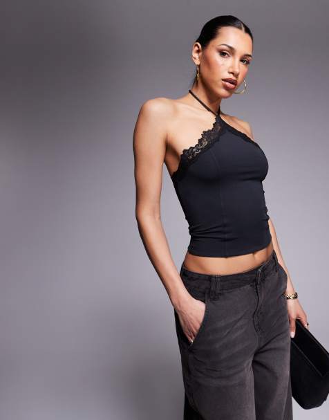 ASOS DESIGN - Top dos nu près du corps avec bords en dentelle - Noir - view 1