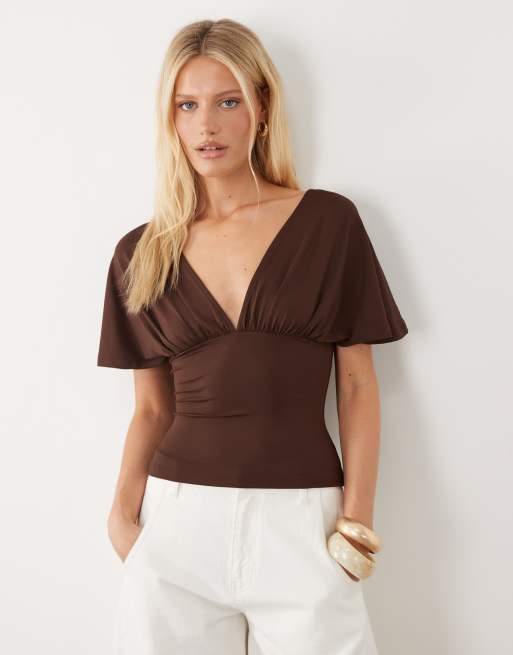 ASOS DESIGN - Top dos nu sans manches en polyamide avec liens noués et décolleté plongeant - Marron, 2 de 4