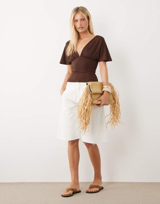 ASOS DESIGN - Top dos nu sans manches en polyamide avec liens noués et décolleté plongeant - Marron, 3 de 4
