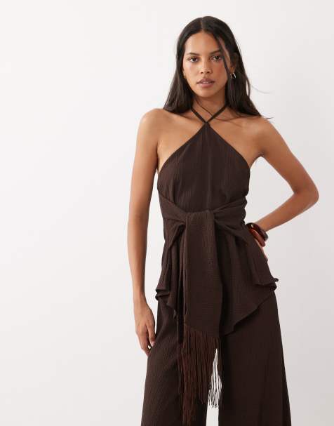 ASOS DESIGN - Top dos nu texturé d'ensemble avec liens à nouer à franges - Chocolat - view 1