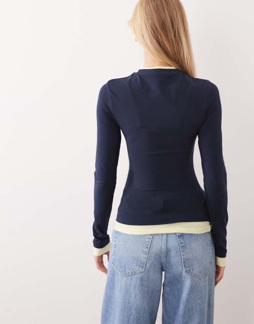 ASOS DESIGN - Top double épaisseur à manches longues - Bleu marine, 3 de 4