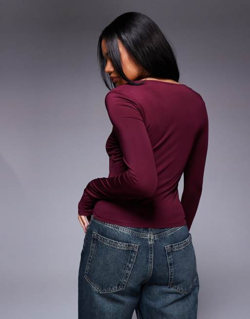 ASOS DESIGN - Top double épaisseur à manches longues et col carré dégagé - Bordeaux, 3 de 4