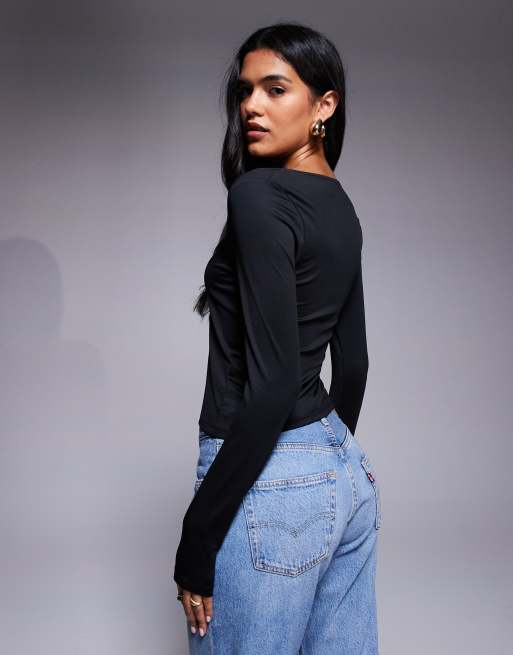 ASOS DESIGN - Top double épaisseur à manches longues et col carré dégagé - Noir, 2 de 4