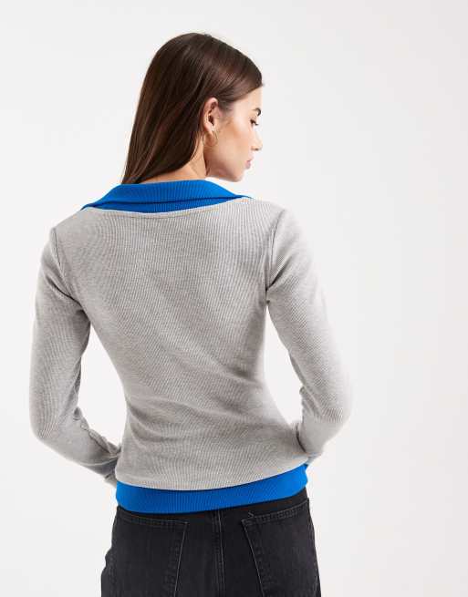 ASOS DESIGN - Top double épaisseur à manches longues et encolure dégagée - Gris et bleu , 4 de 4