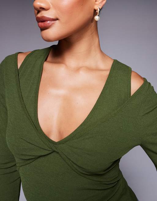 ASOS DESIGN - Top double épaisseur avec buste torsadé et manches longues - Olive foncé, 3 de 4