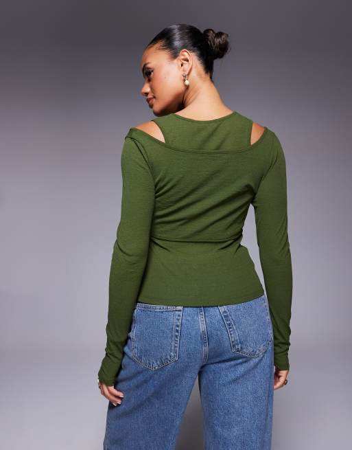 ASOS DESIGN - Top double épaisseur avec buste torsadé et manches longues - Olive foncé, 4 de 4