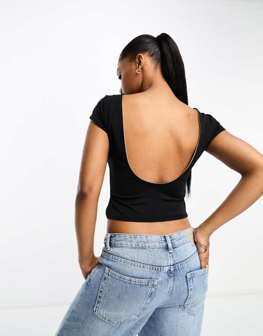 ASOS DESIGN - Top double-face aperto dietro cammello e nero con scollo a barchetta