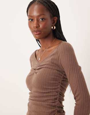 Top doux en tissu brossé et côtelé à col V et manches longues - Chocolat-Pas de couleur XS