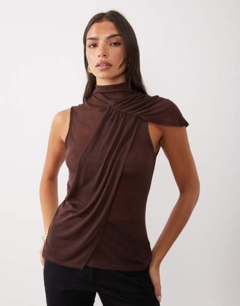 ASOS DESIGN top doux semi-transparent à détail drapé asymétrique chocolat - view 1