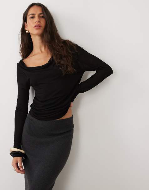 ASOS DESIGN top drapé à col bénitier en maille fine noir - view 1