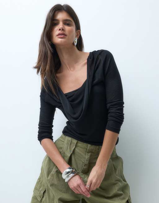 ASOS DESIGN top drapé à col bénitier en maille fine noir, 4 de 4