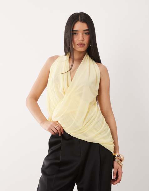 ASOS DESIGN - Top drapé à encolure américaine en mousseline stretch - Citron - view 1