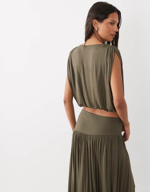 ASOS DESIGN top drapé à épaules plissées de l'ensemble coordonné en kaki, 4 de 6