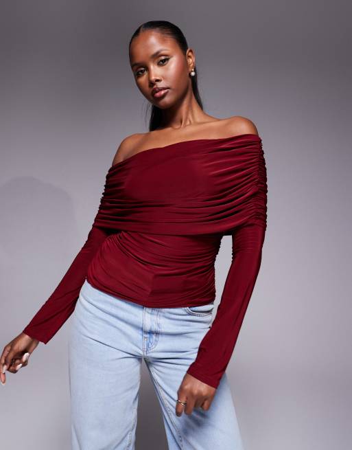 ASOS DESIGN - Top drapé à manches longues et encolure bardot - Bordeaux