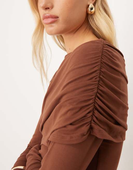 ASOS DESIGN - Top drapé à manches longues - Marron, 3 de 4