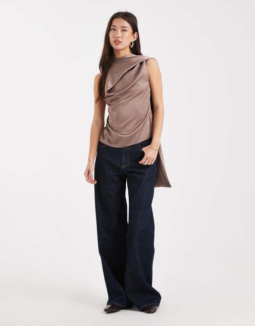 ASOS DESIGN - Top drapé en satin avec détail foulard - Moka, 3 de 4