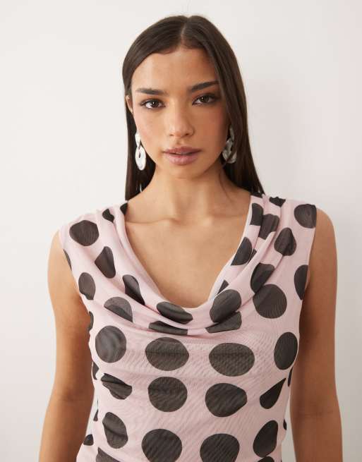 ASOS DESIGN top drapé en tulle imprimé à pois rose et marron, 2 de 4