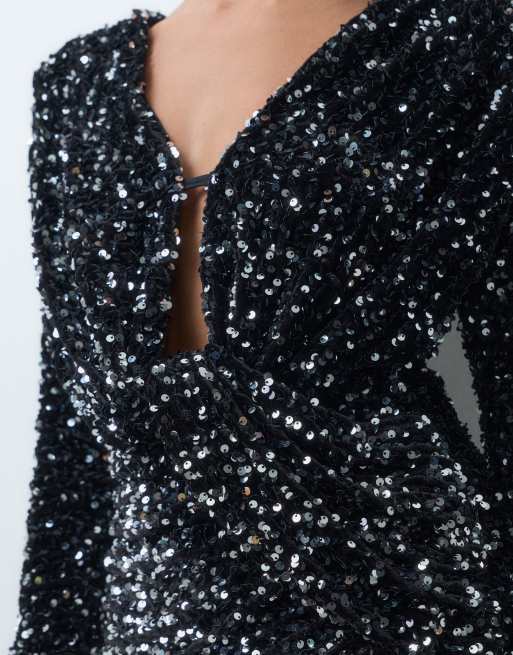 ASOS DESIGN top drapé en velours à sequins avec épaulettes, noir et argenté, 4 de 5
