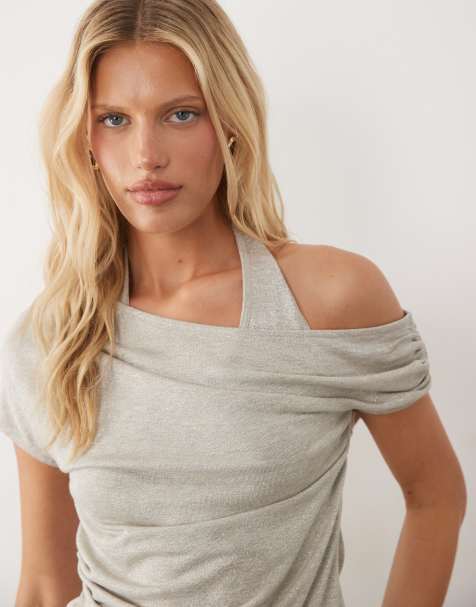 ASOS DESIGN - Top drappeggiato asimmetrico arricciato argento metallizzato - view 1