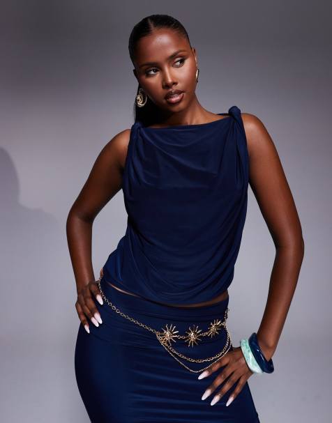 ASOS DESIGN - Top drappeggiato blu navy con dettaglio attorcigliato sulla spalla in coordinato - view 1